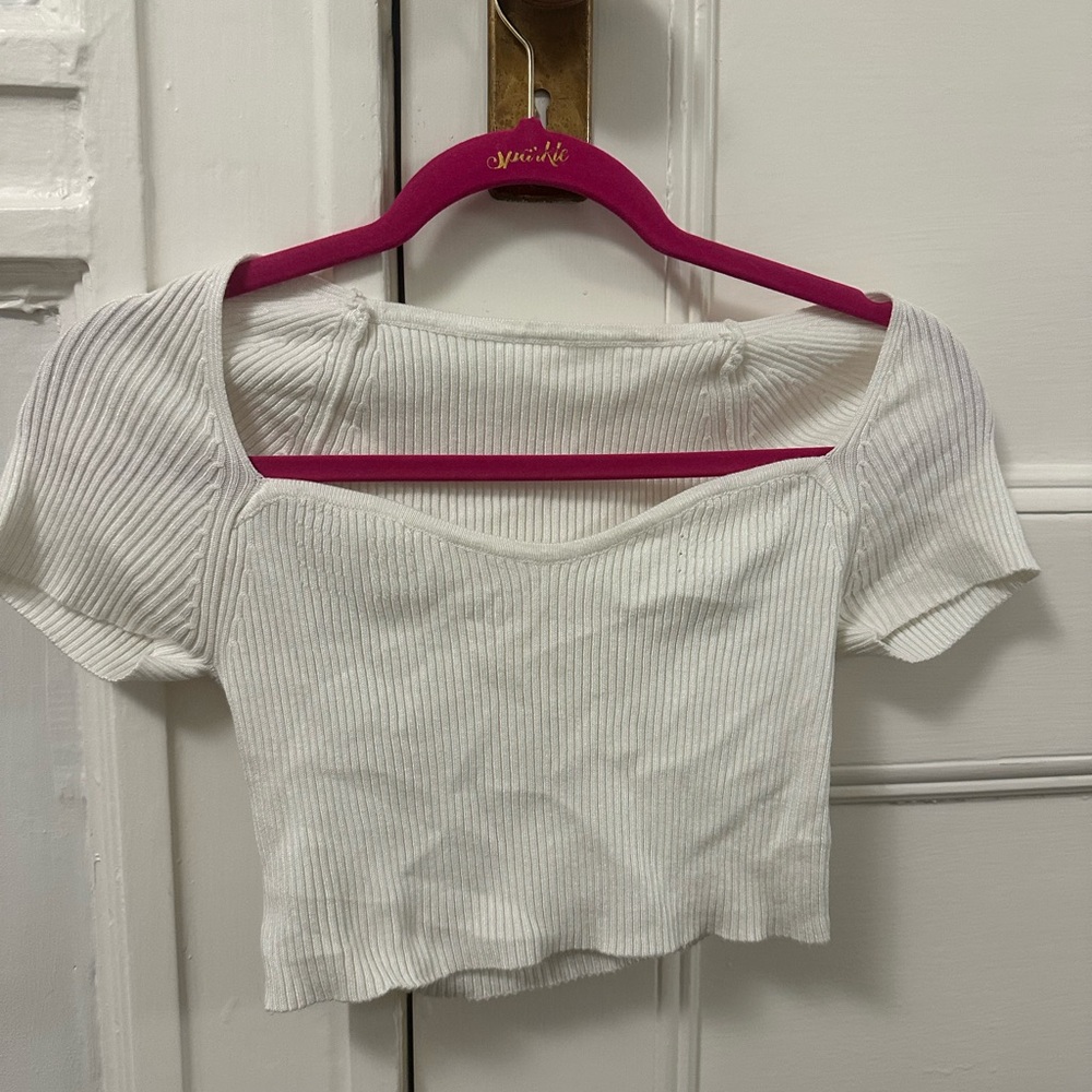 SHEIN White Ribbed Crop Blouse Short Sleeve